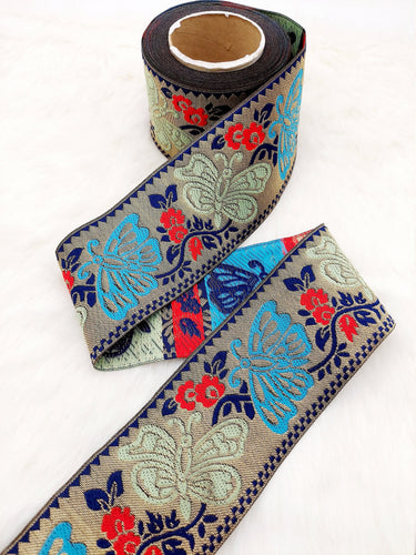 9 Yards Antique Gold Jacquard Brocade Sari Border Trim, Indian Woven Ribbon, Butterfly Trim